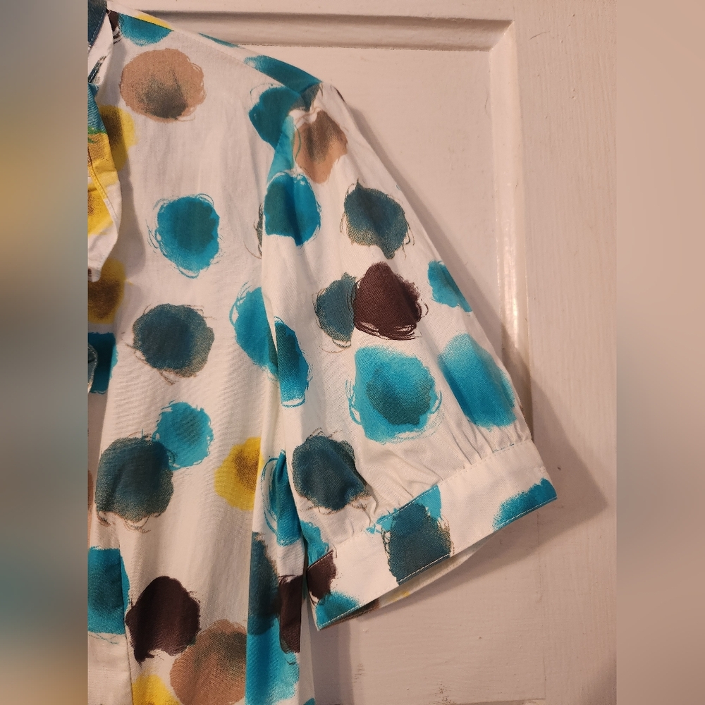 Lafayette 148 Blouse, Button Down, Ruffle Abstract Polka Dot, Cotton, Sz 4, EUC - Picture 4 of 13